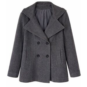 AK Anne Klein Siz XL Hooded Peacoat Wool Blend Double-Breasted Coat Grey